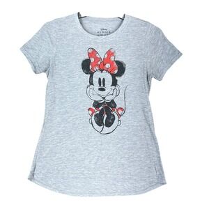 Disney Minnie Mouse Graphic Tee Shirt Gray Red Polka Dot Bow Sketch Art M Womens